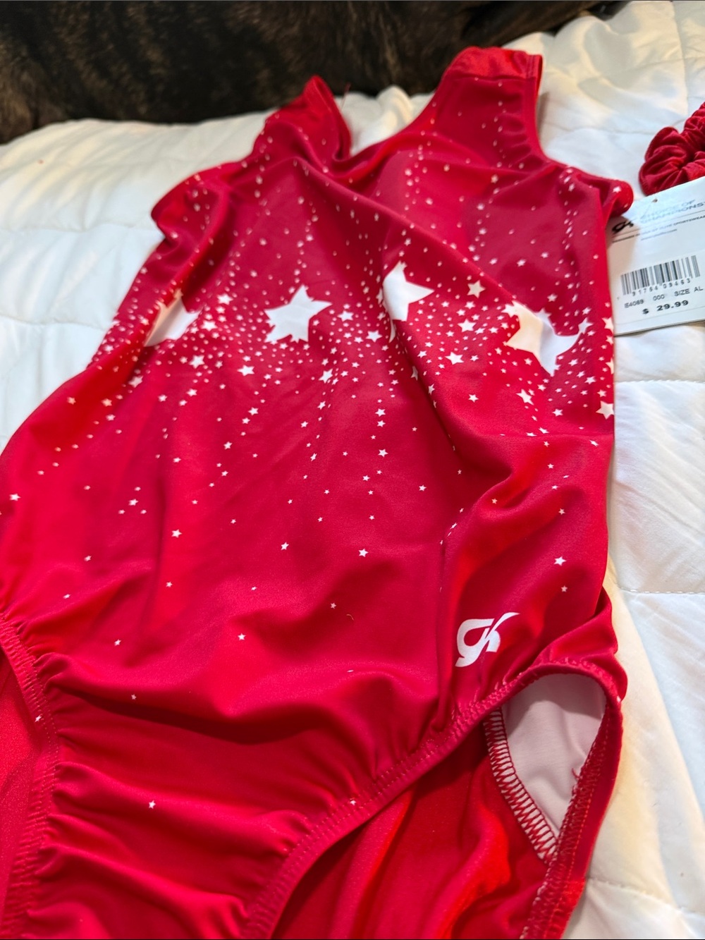 GK Red Girls' One-Piece Gym Suit with White Starburst Print with hair tie